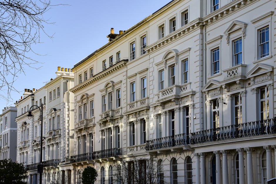 Photograph of a row of elegant white Victorian-style terraced houses with ornate architectural details, including decorative window surrounds, balconies with wrought iron railings, and classical columns at ground level, located along Maida Hill in Westbourne Park. The buildings are illuminated by natural daylight, casting soft shadows on the facade, and the clear blue sky is visible above. A black street lamp and some leafless trees are also seen in the foreground. This setting depicts a residential street prepared for a home relocation or furniture transport, with the pavement in front of the homes ready for loading and unloading activities, possibly by Man and Van Maida Hill during their house removals and packing process.